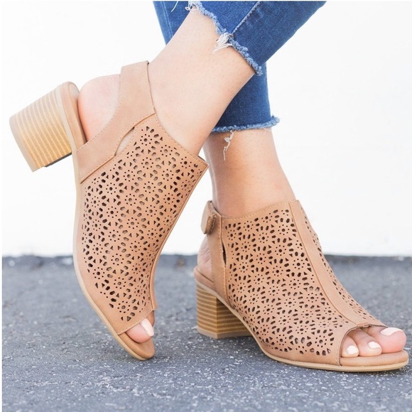 Tan Perforated Flowers Peep Toe Ankle Booties - Picture 2 of 2